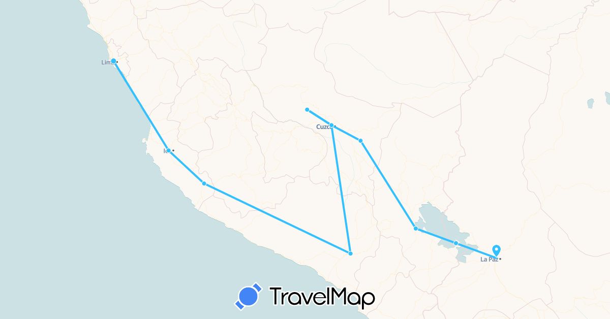 TravelMap itinerary: driving, boat in Bolivia, Peru (South America)
